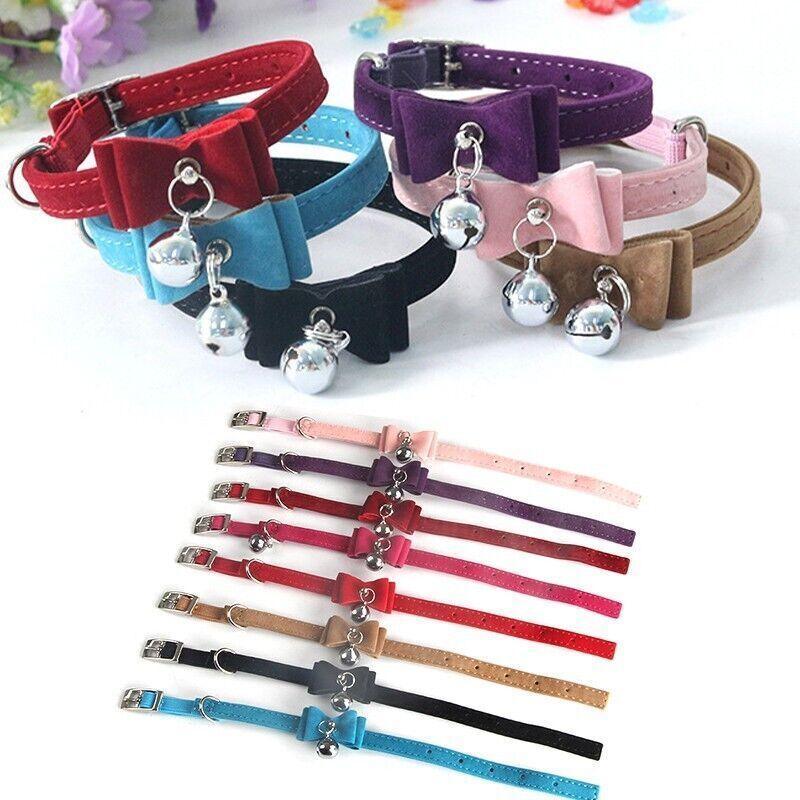 1× Adjustable Suede Cat Collar with Bow Bell Pink Blue Black Red - Purple 5