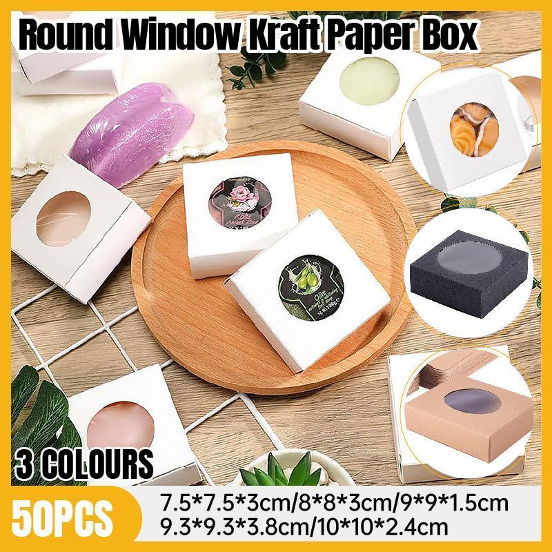 50PCS Handmade Soap Paper Box Round Window Kraft Black White Candy Biscuit Box - White-50pcs 9.3*9.3*3.8CM