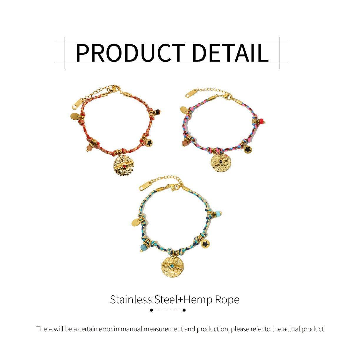 Boho Bracelet Set Women Natural Stone Woven Retro Style Adjustable Layered - Pink 3