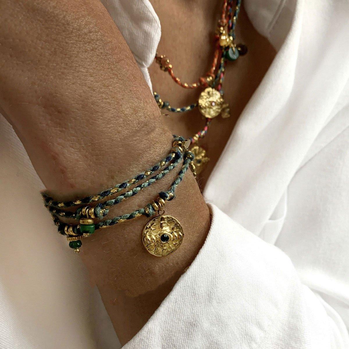 Boho Bracelet Set Women Natural Stone Woven Retro Style Adjustable Layered - Pink 4