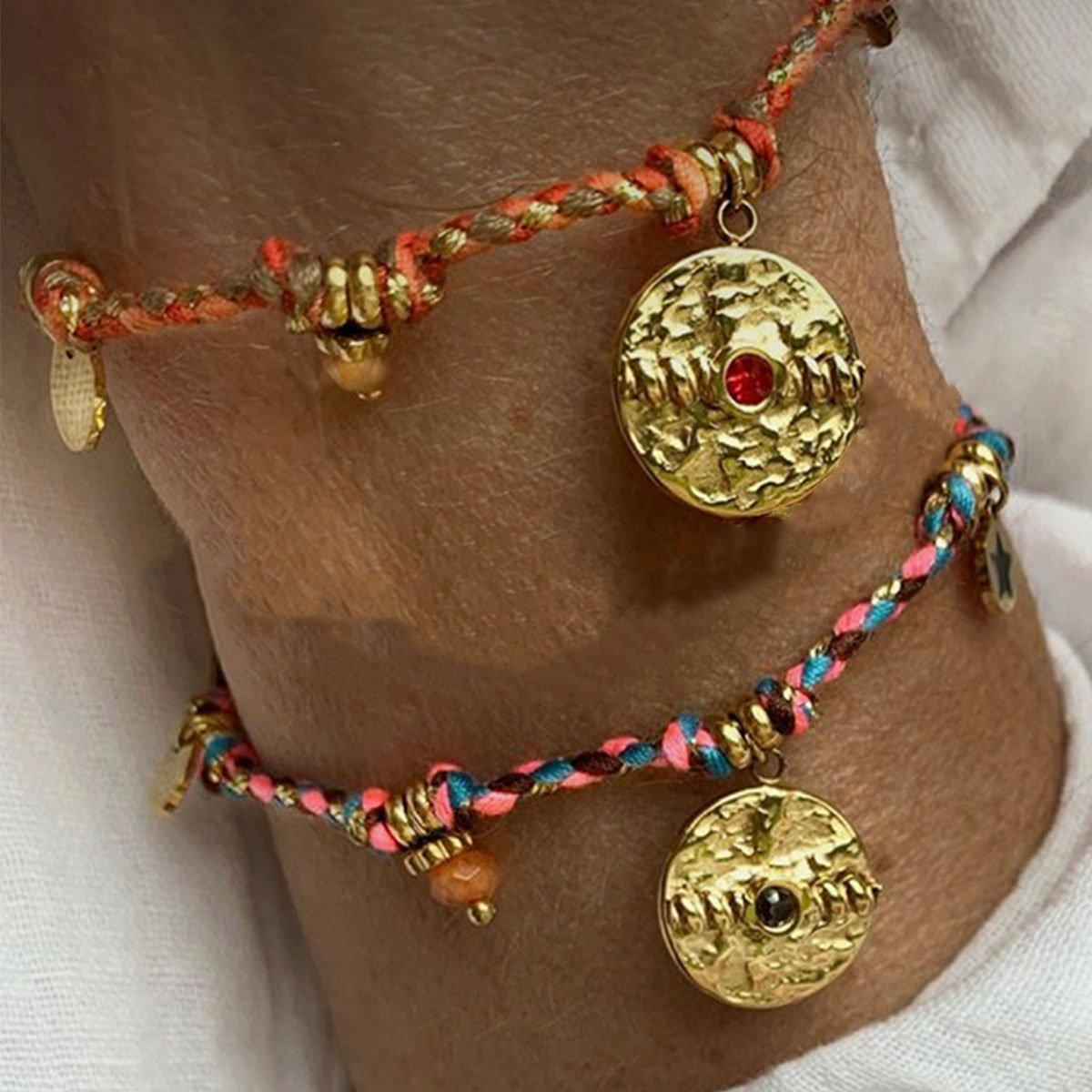 Boho Bracelet Set Women Natural Stone Woven Retro Style Adjustable Layered - Pink 5