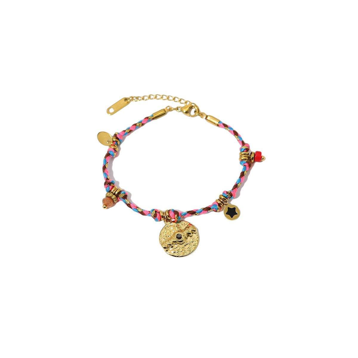 Boho Bracelet Set Women Natural Stone Woven Retro Style Adjustable Layered - Pink 7