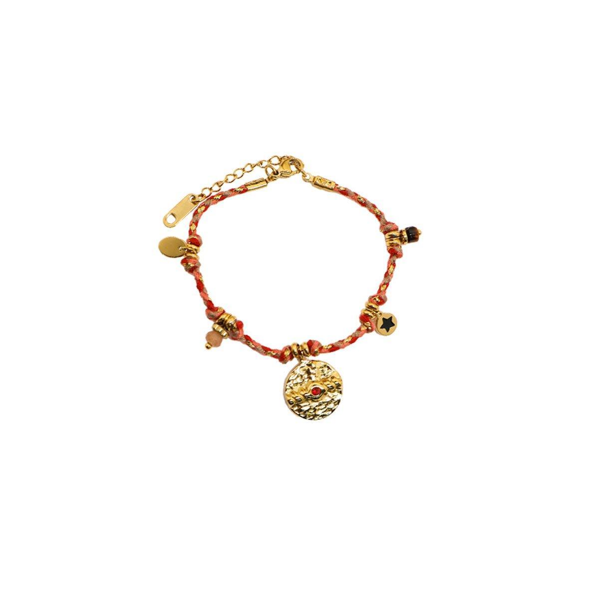 Boho Bracelet Set Women Natural Stone Woven Retro Style Adjustable Layered - Pink 8