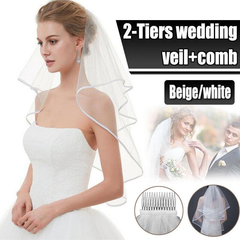 Bridal 2 Layer Wedding Veil with Comb Satin Edge Short Tulle for Women White Ivory - White