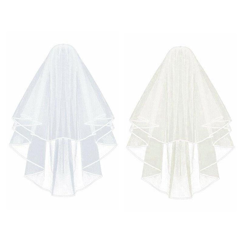 Bridal 2 Layer Wedding Veil with Comb Satin Edge Short Tulle for Women White Ivory - White