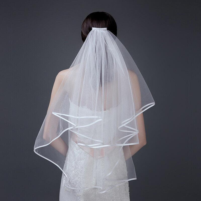 Bridal 2 Layer Wedding Veil with Comb Satin Edge Short Tulle for Women White Ivory - White 3