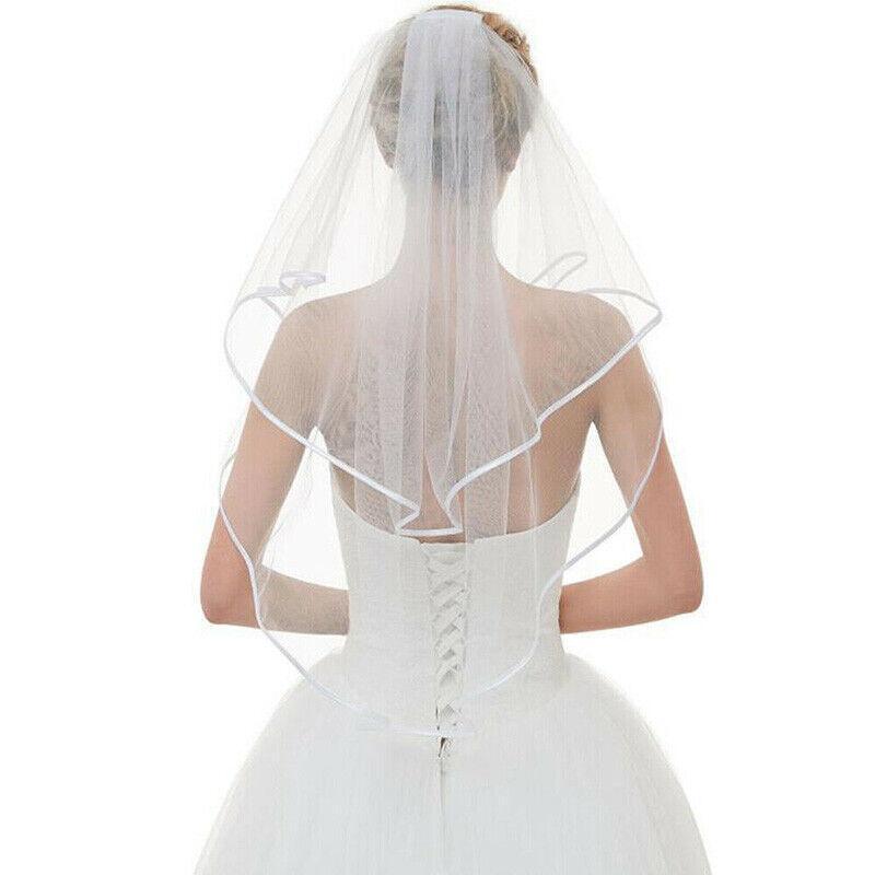 Bridal 2 Layer Wedding Veil with Comb Satin Edge Short Tulle for Women White Ivory - White 4