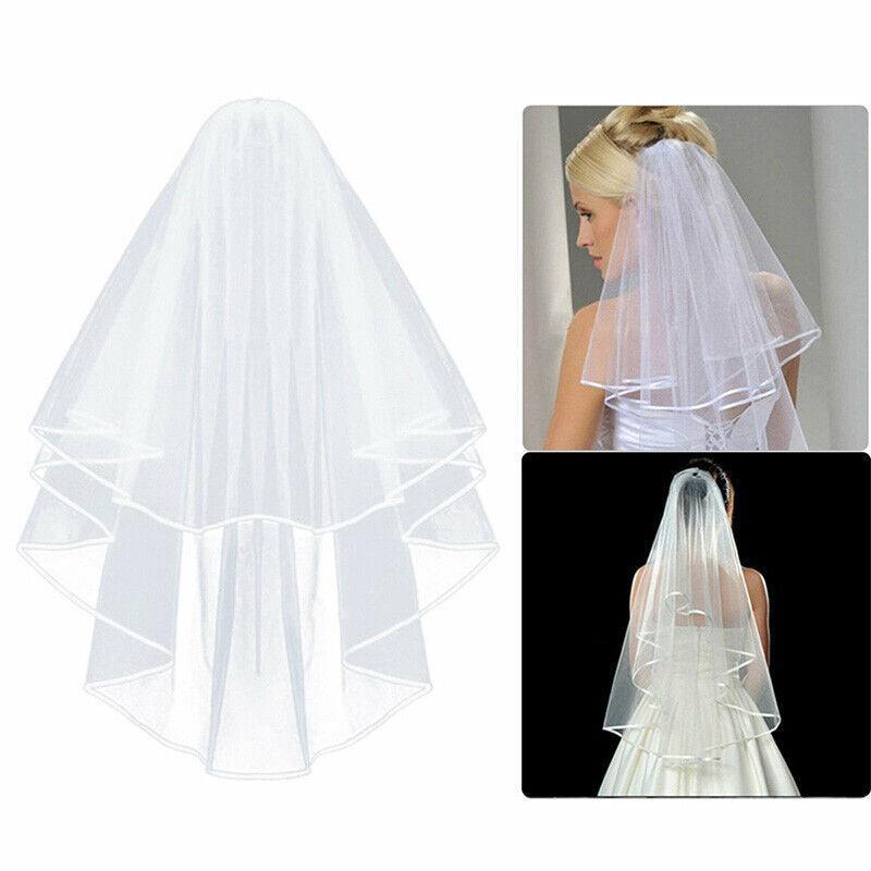 Bridal 2 Layer Wedding Veil with Comb Satin Edge Short Tulle for Women White Ivory - White 5