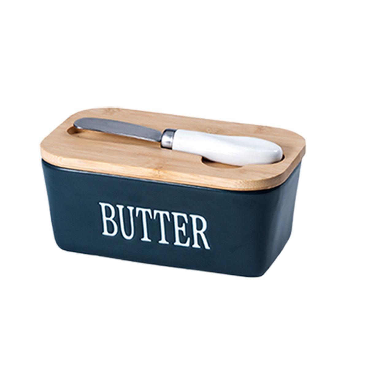 Butter Box with Knife Rectangular Cheese Container with Wooden Lid for Kitchen - Black 8