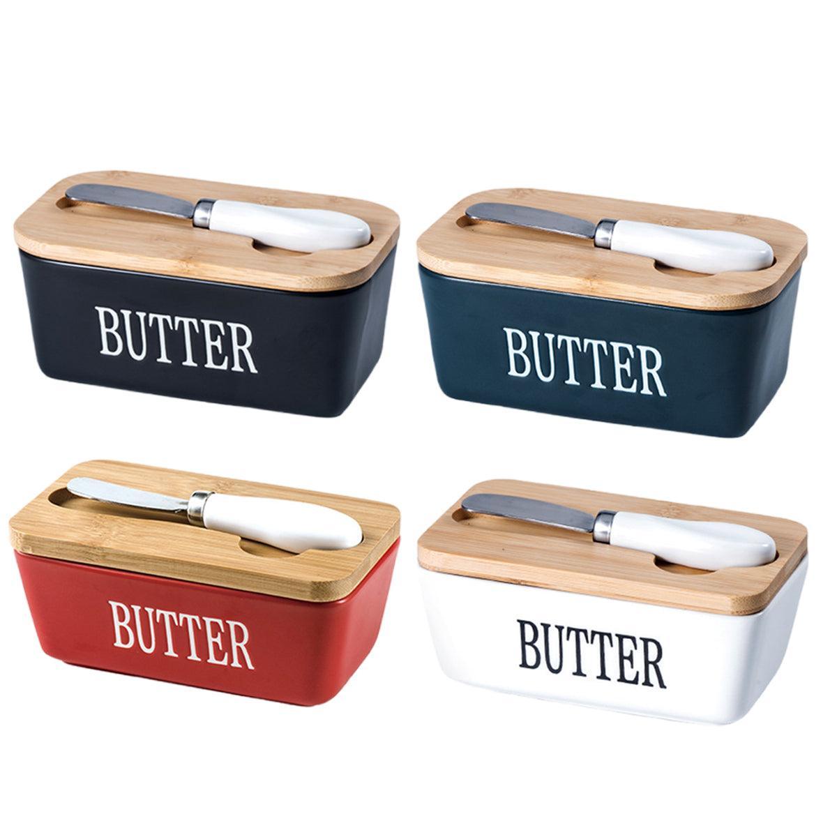 Butter Box with Knife Rectangular Cheese Container with Wooden Lid for Kitchen - Red