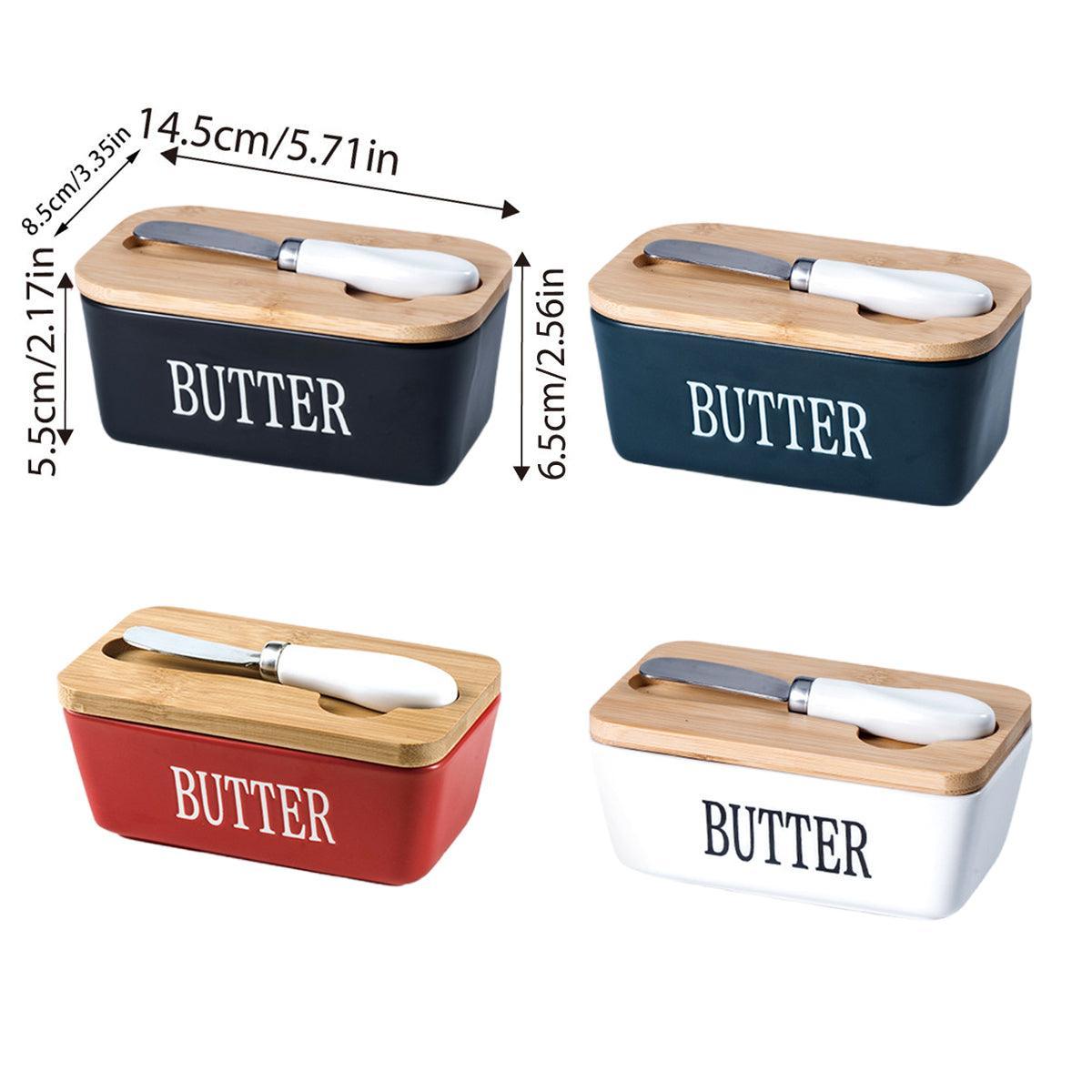 Butter Box with Knife Rectangular Cheese Container with Wooden Lid for Kitchen - Red 3
