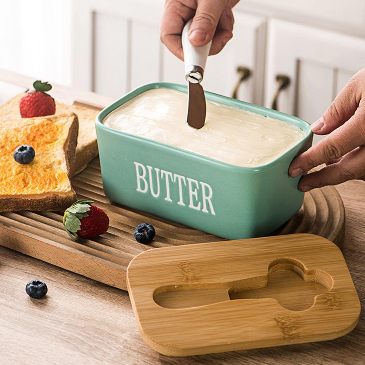 Butter Box with Knife Rectangular Cheese Container with Wooden Lid for Kitchen - Blue 5