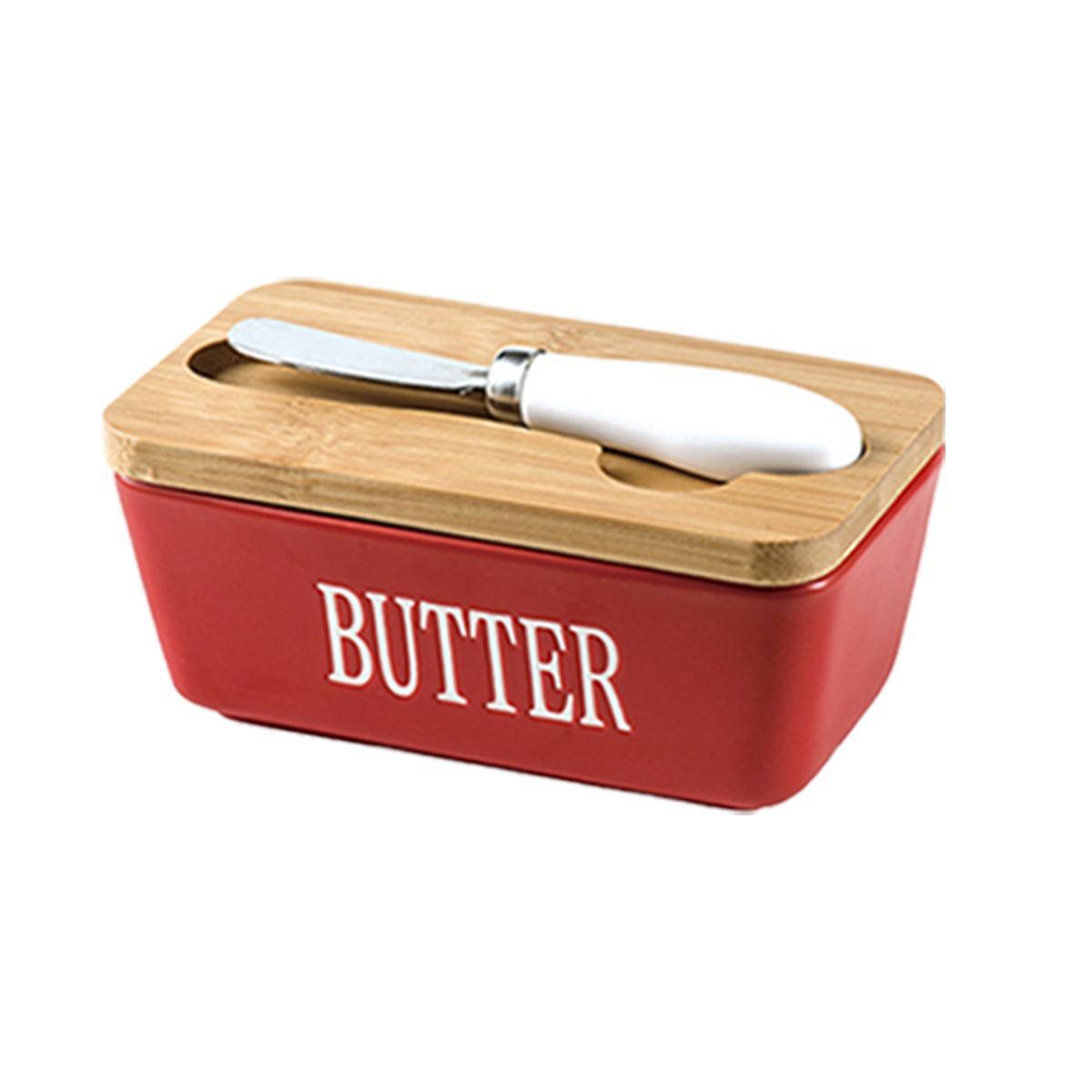 Butter Box with Knife Rectangular Cheese Container with Wooden Lid for Kitchen - Blue 6