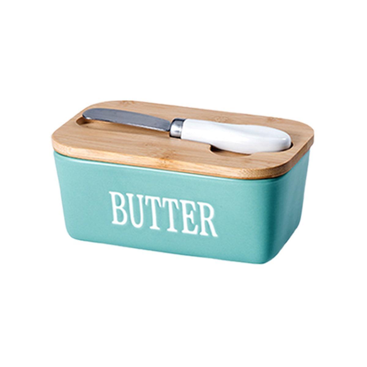 Butter Box with Knife Rectangular Cheese Container with Wooden Lid for Kitchen - Blue 9