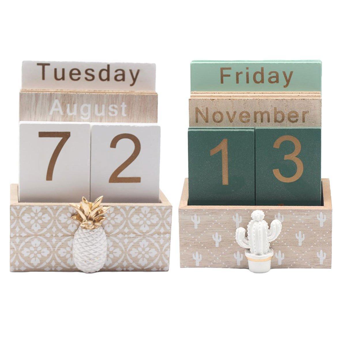Rustic Wooden Perpetual Desk Calendar DIY Block Calendar Office Desktop Decor - Cactus