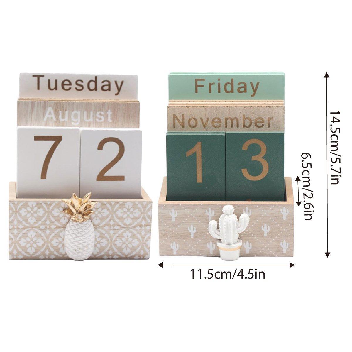 Rustic Wooden Perpetual Desk Calendar DIY Block Calendar Office Desktop Decor - Cactus 3