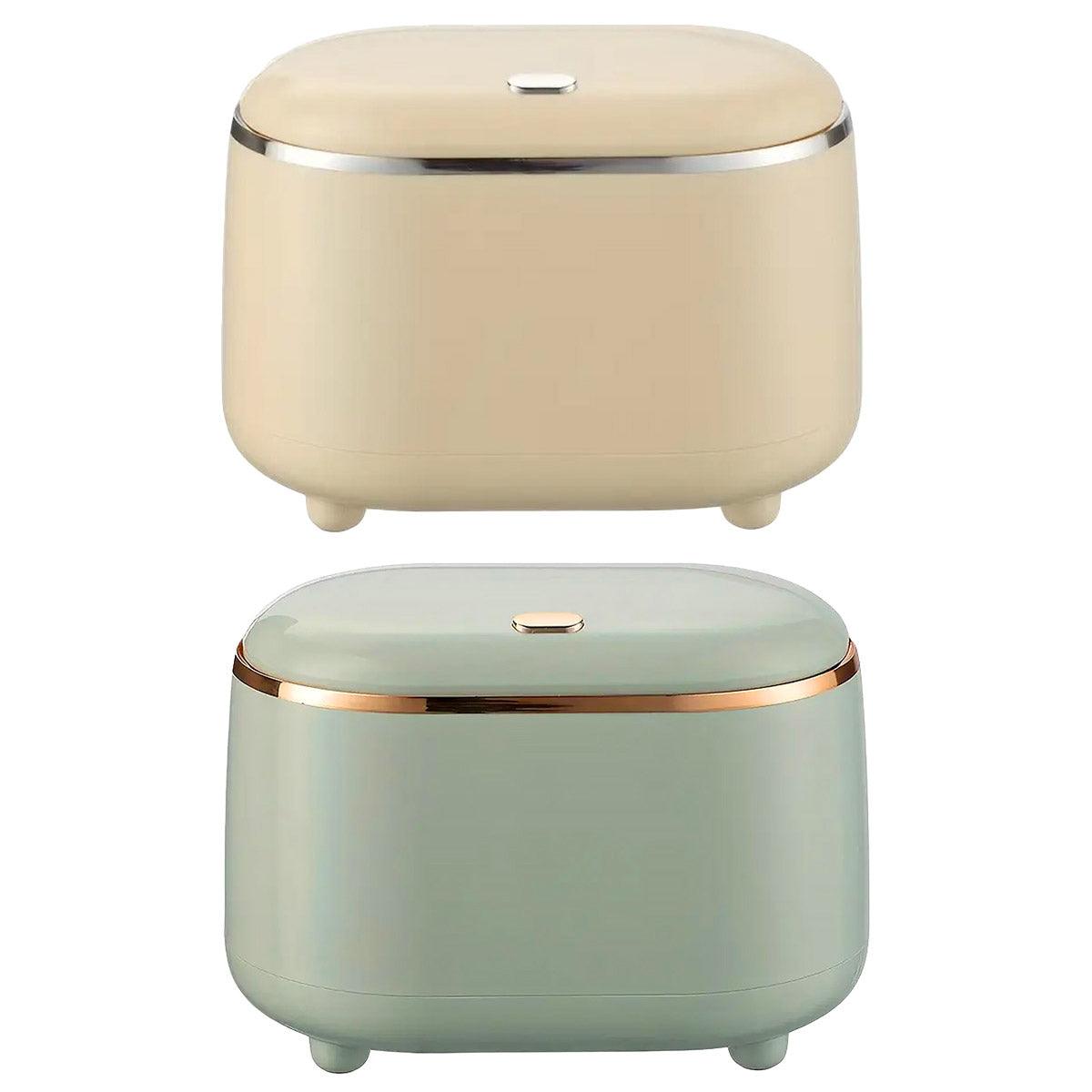 Small Desktop Trash Can Oval Pop Up Lid Rubbish Bin Waste Organizer Container - Beige