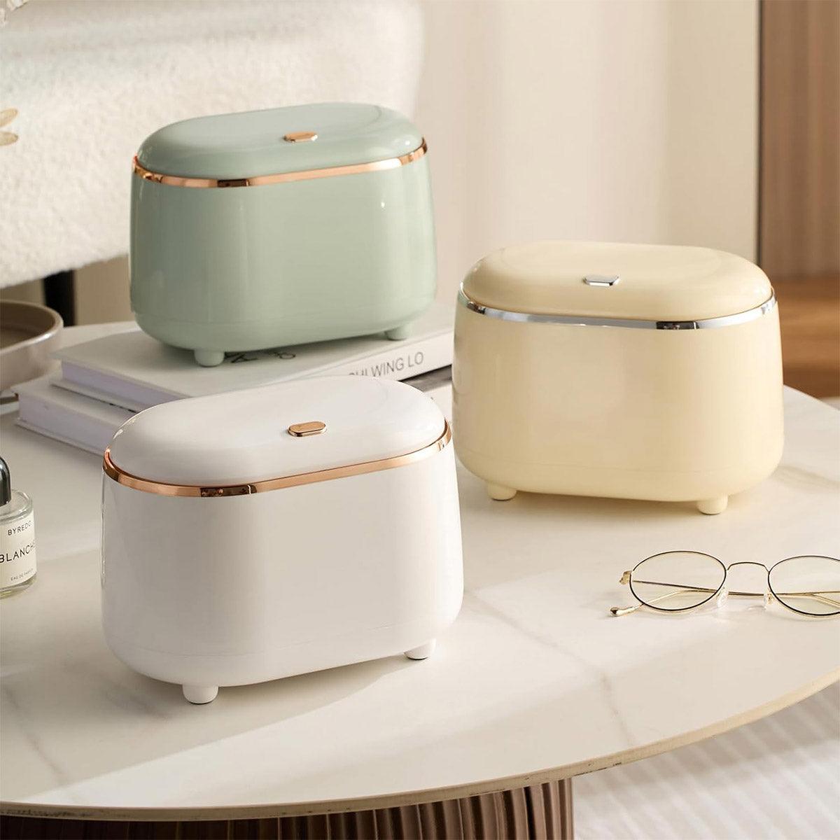 Small Desktop Trash Can Oval Pop Up Lid Rubbish Bin Waste Organizer Container - Beige 4