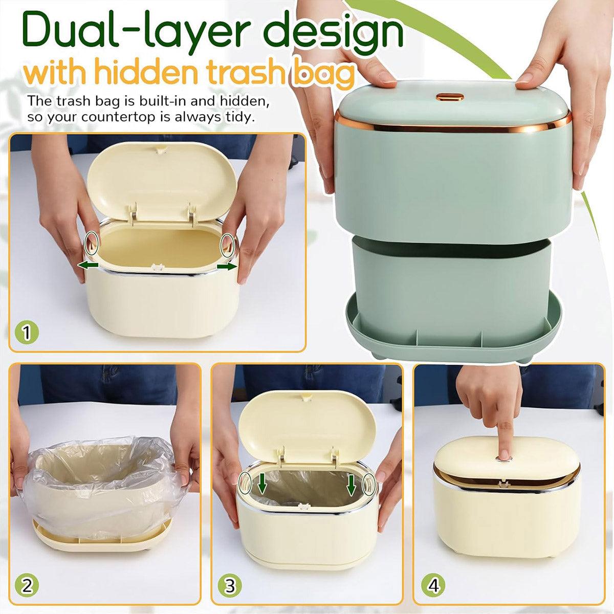 Small Desktop Trash Can Oval Pop Up Lid Rubbish Bin Waste Organizer Container - Green 5