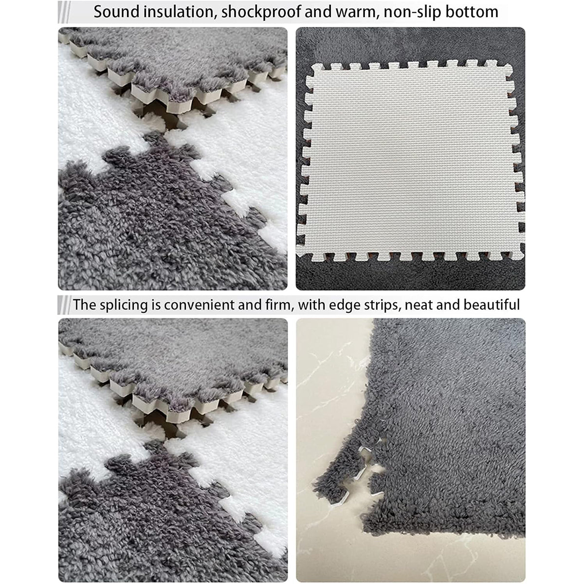 Foam Floor Mats Set 10PCS Shaggy Interlocking Tiles Soft for Kids Room Play Area - Grey-White 5