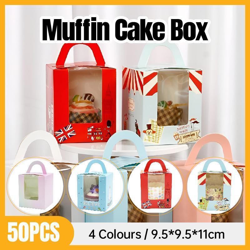 50x Assorted Color Muffin Cake Boxes with Clear Window & Handle High Quality - Unicorn-50PCS
