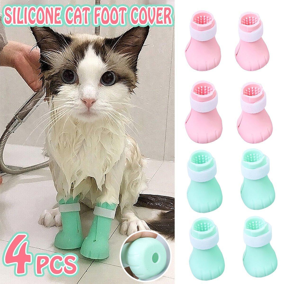 4pcs Cat Bathing Grooming Anti-Scratch Silicone Pet Socks for Bathing Feeding - Pink