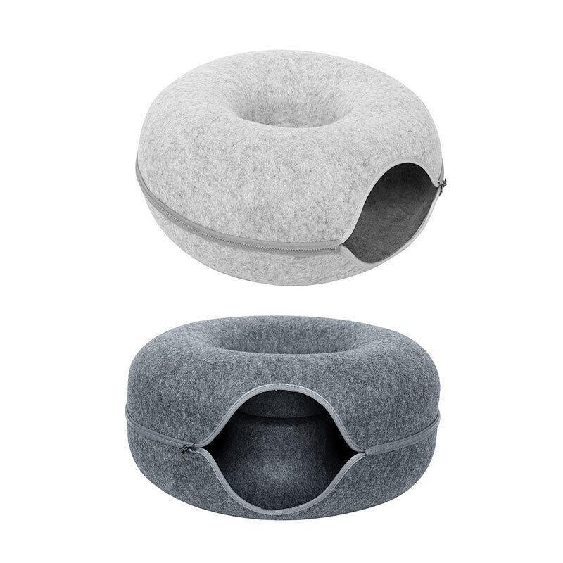 Felt Cat Tunnel Bed Donut Cave Nest for Kittens and Small Pets 50x30cm - Light Grey
