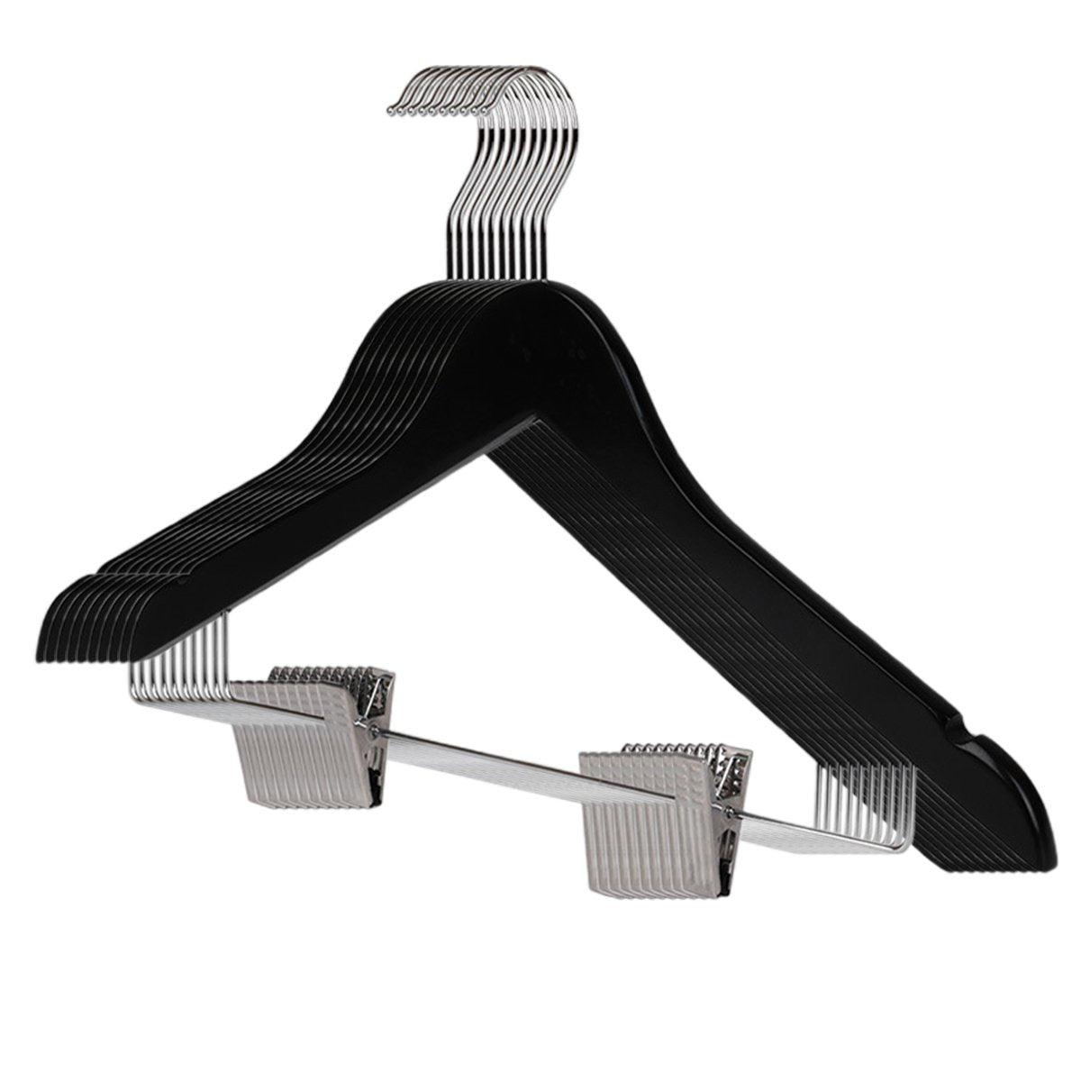 10 Pcs Wooden Non-Slip Wide Shoulder Clothes Hanger with Clip for Hotel Wardrobe - Black 7
