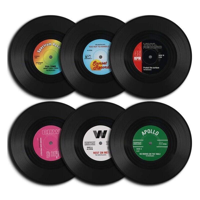 6PCS Retro Vinyl Record Drink Coasters Set - Round ABS Cup Mats for Home or Bar