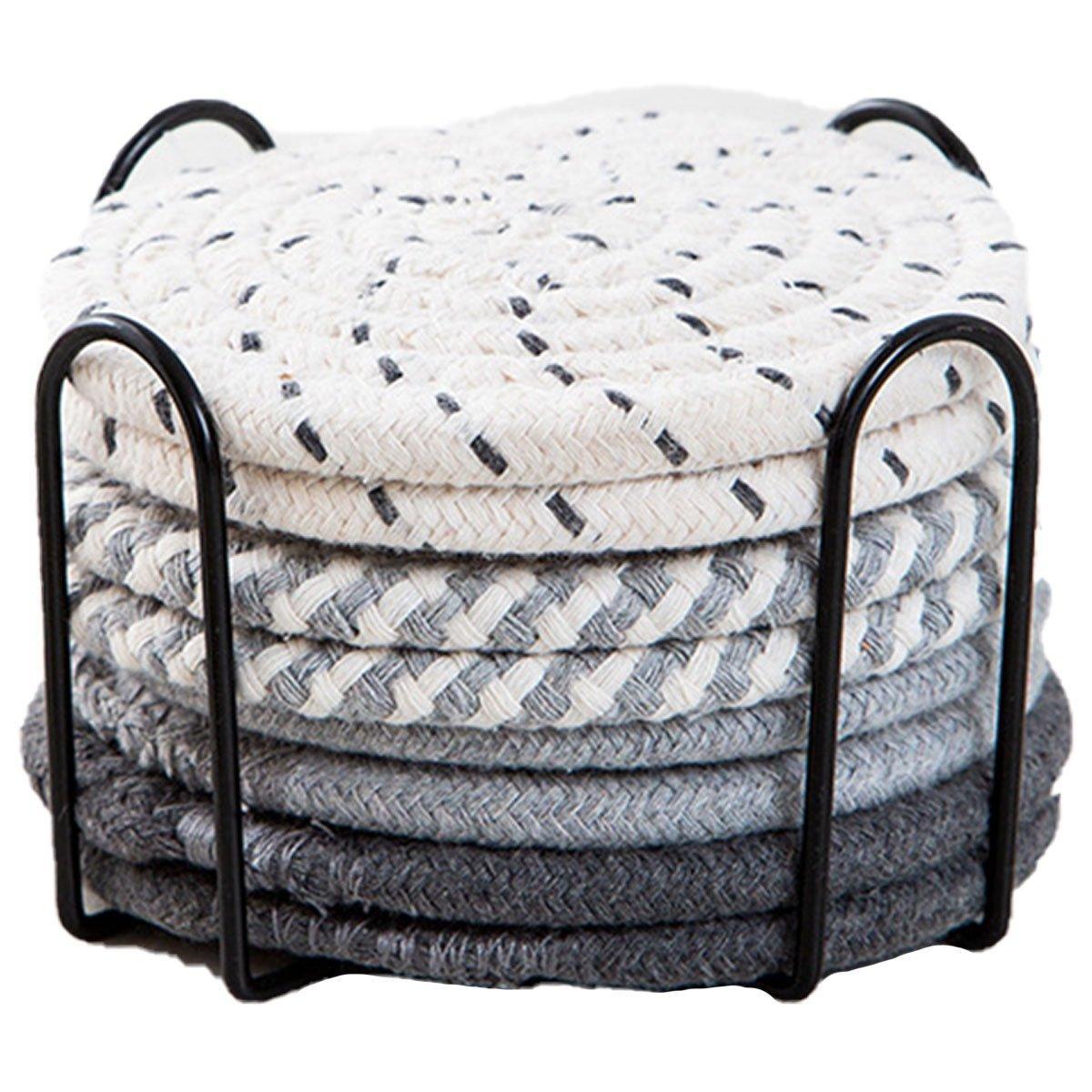 8PCS Round Cotton Woven Coaster Heat Resistant Thick Insulation Dining Table Mat - Grey 7