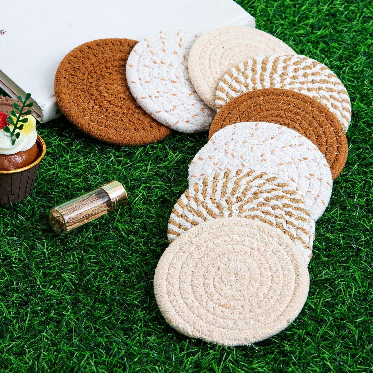 8PCS Round Cotton Woven Coaster Heat Resistant Thick Insulation Dining Table Mat - Mixed 4
