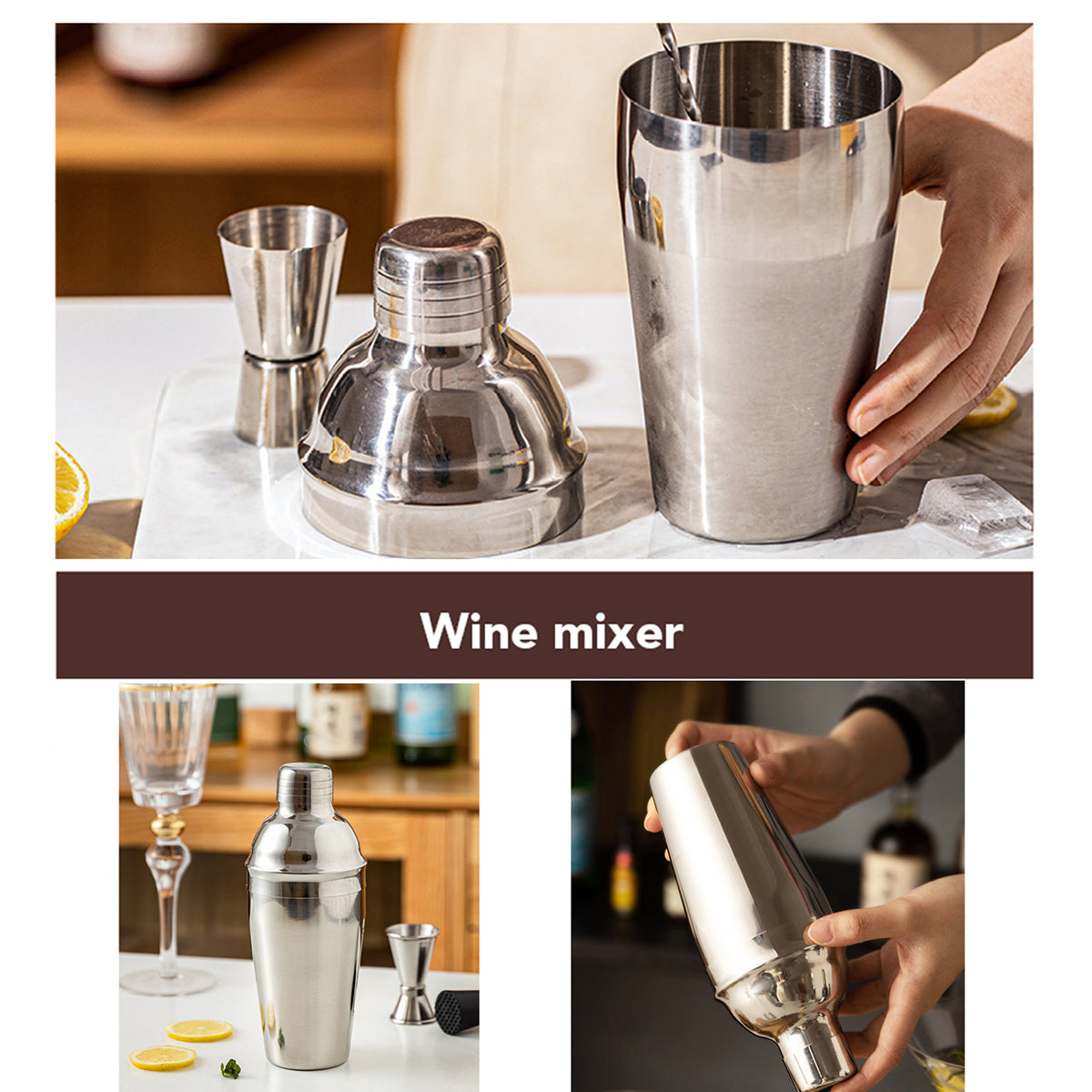 Cocktail Shaker Set Bar Tools Stainless Steel Mixing Glasses Drink Shaker Cups - Silver 5