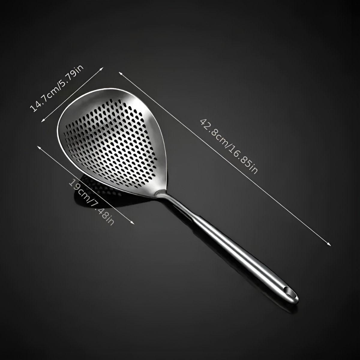 304 Stainless Steel Kitchen Colander Long Handle Noodle Dumpling Strainer Spoon - Yellow wood 4