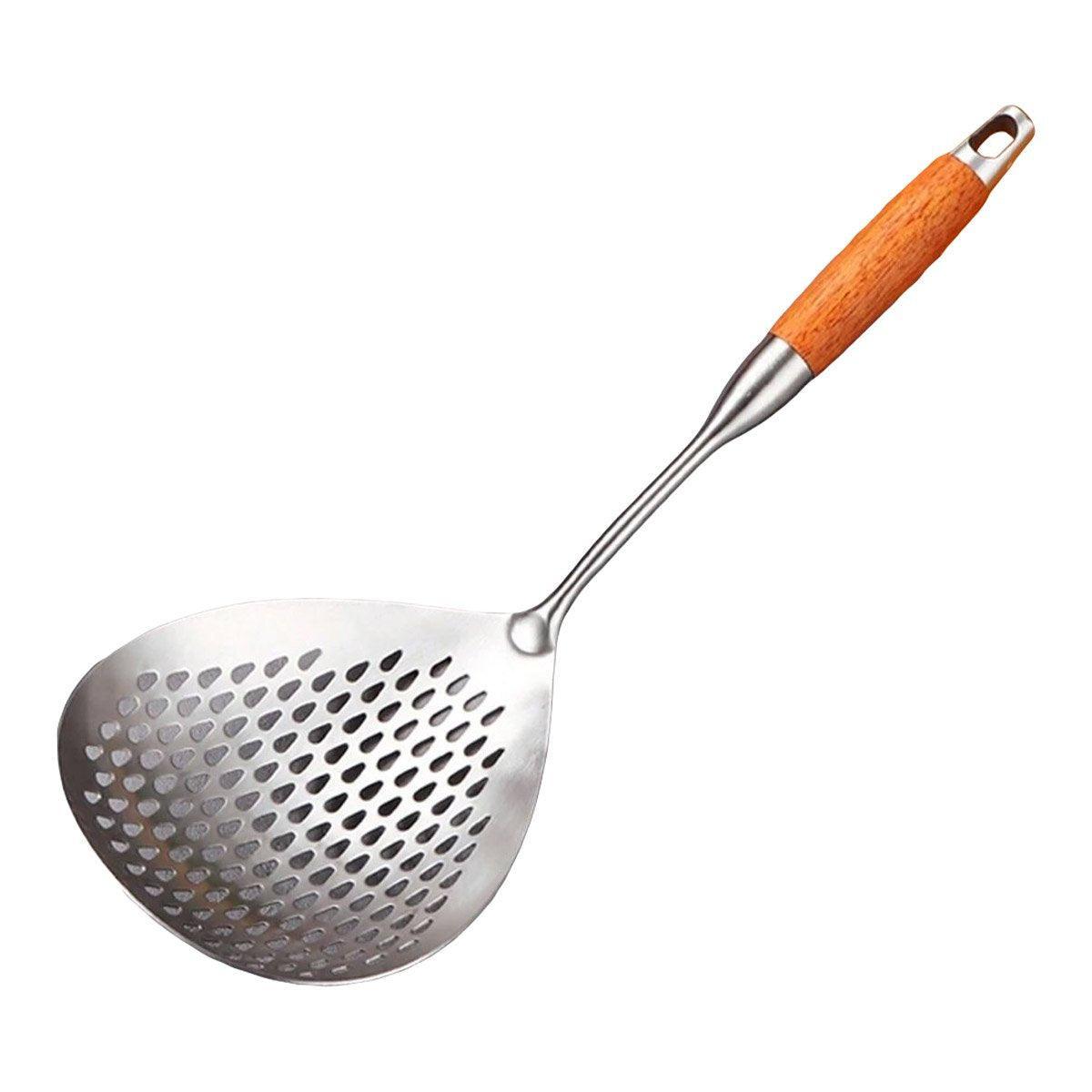 304 Stainless Steel Kitchen Colander Long Handle Noodle Dumpling Strainer Spoon - Yellow wood 6