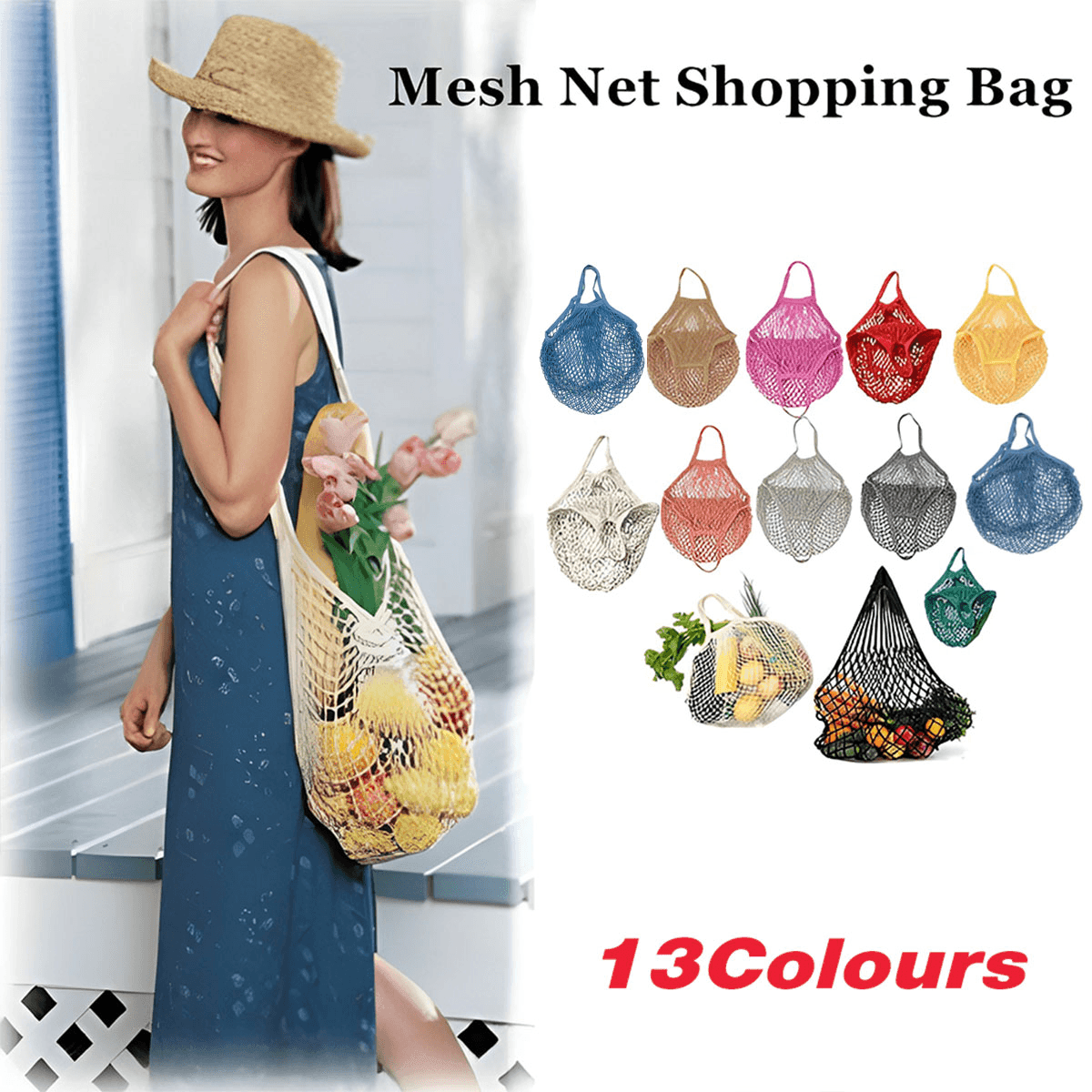 Reusable Mesh Net Shopping Bag String Tote Grocery Fruit Vegetable Storage - Beige