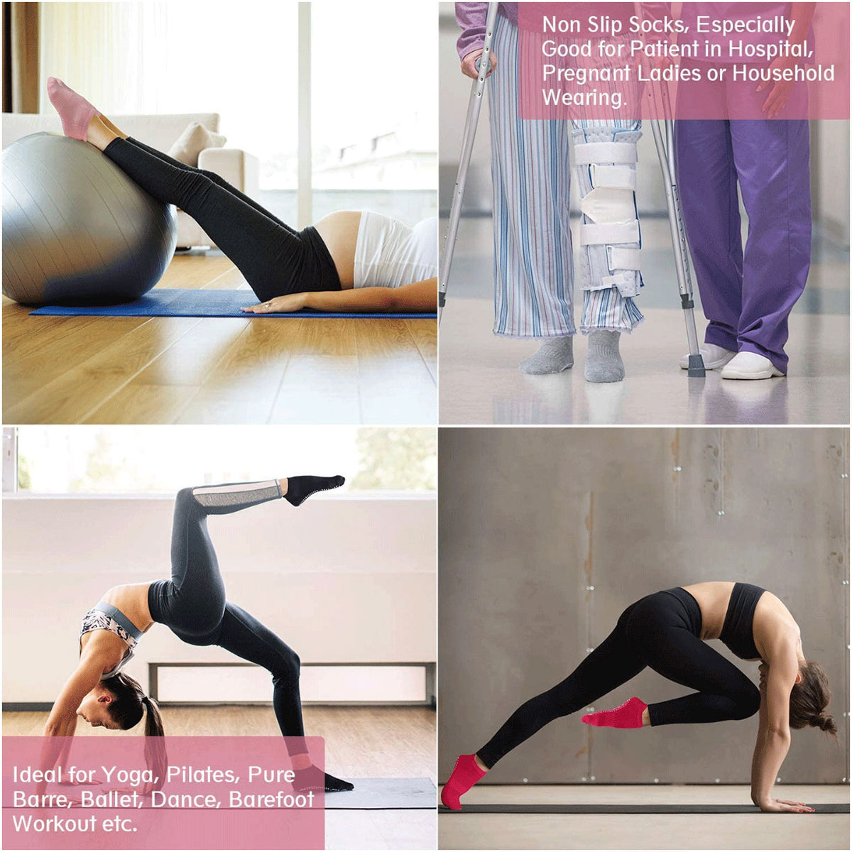 3 Pairs Ladies Women Sports Cotton Rich Pilates Yoga Non-Slip Grip Socks - Black 4