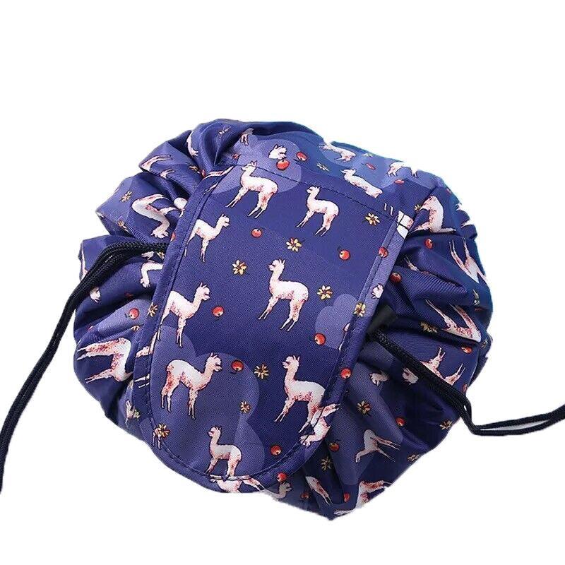 Portable Travel Makeup Bag Drawstring Cosmetic Pouch Lazy Storage Organiser Case - Blue White Feather 13