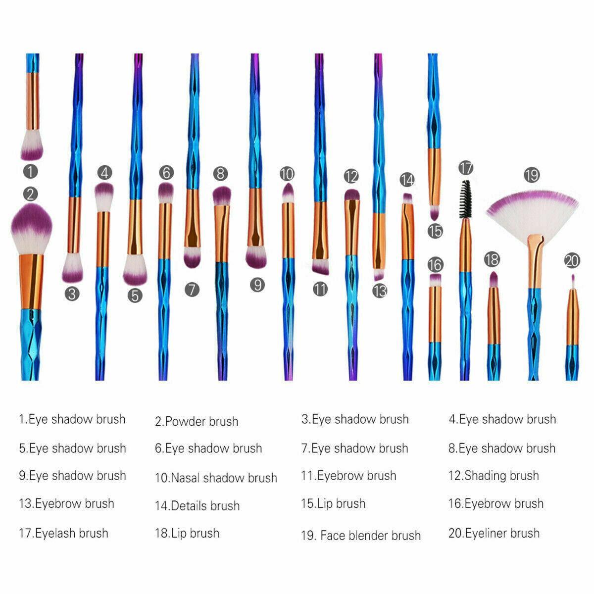 20 Pcs Eye Make-Up Brushes Diamond Unicorn Eyeshadow Eyebrow Blending Brush Set - Green and Pink 3