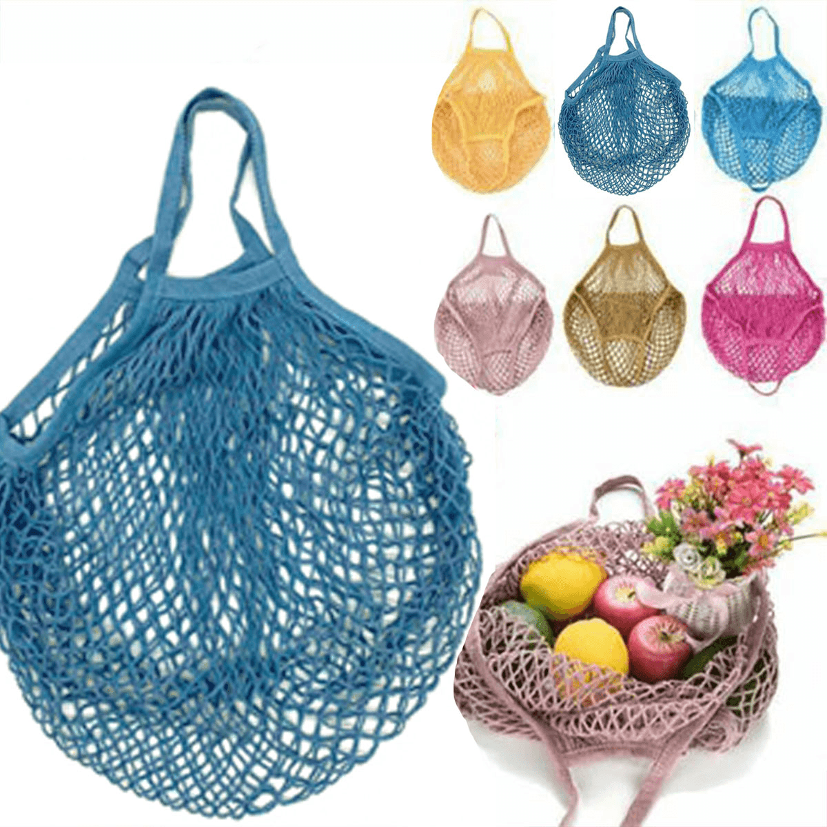 Reusable Mesh Net Shopping Bag String Tote Grocery Fruit Vegetable Storage - Sky Blue 4