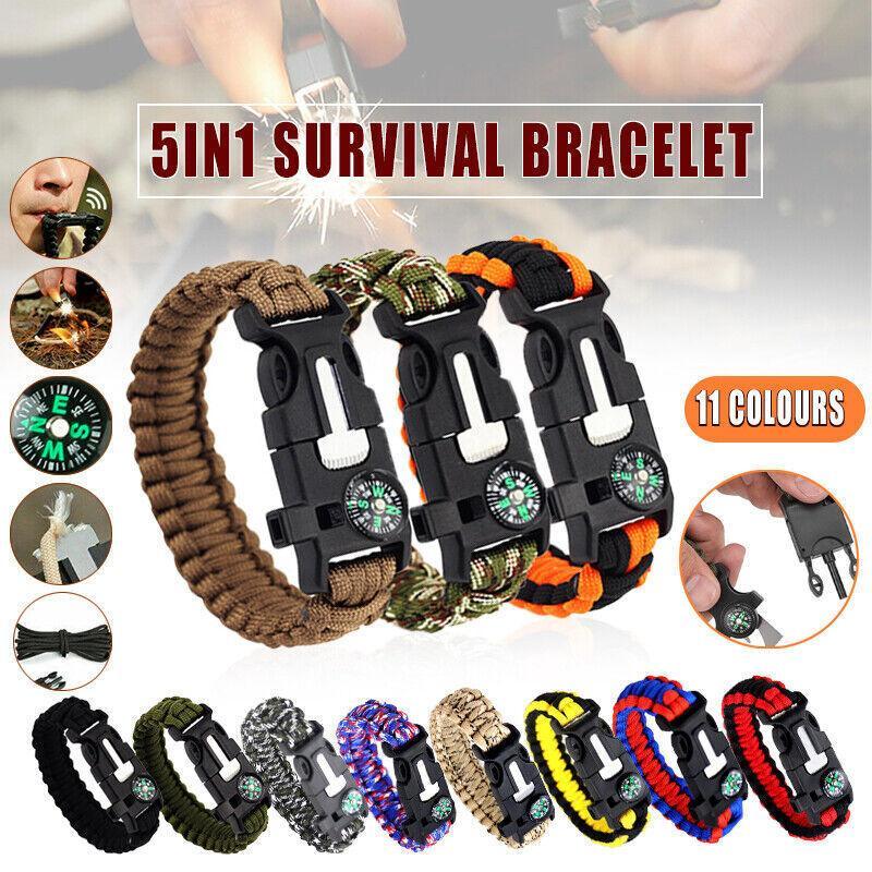 Flint Fire Starter 5In1 Survival Paracord Bracelet Whistle Compass Gear Tool Kit - Blue Camouflag