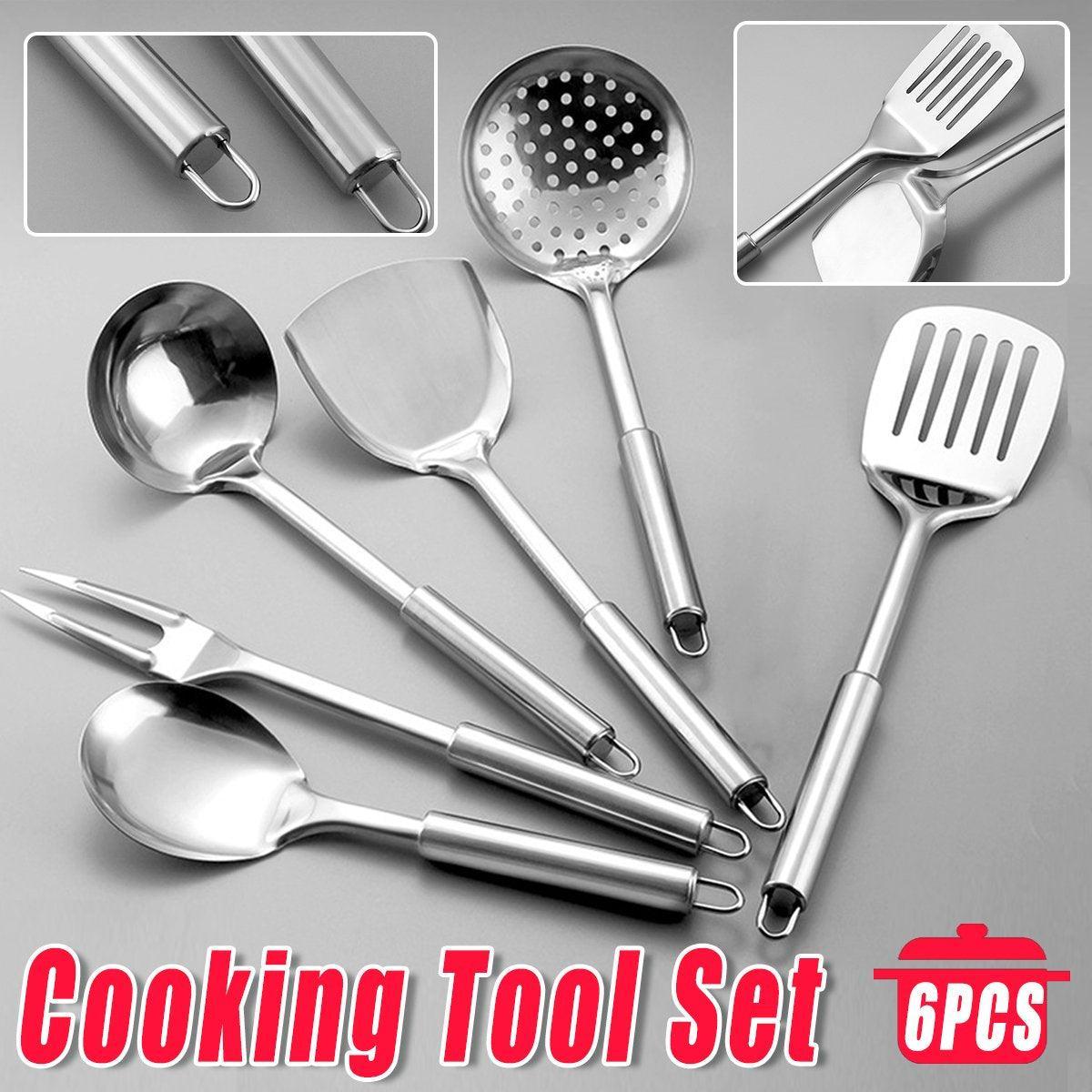 6PCS Stainless Steel Kitchen Utensil Set with Frying Spatula Colander and Spoon
