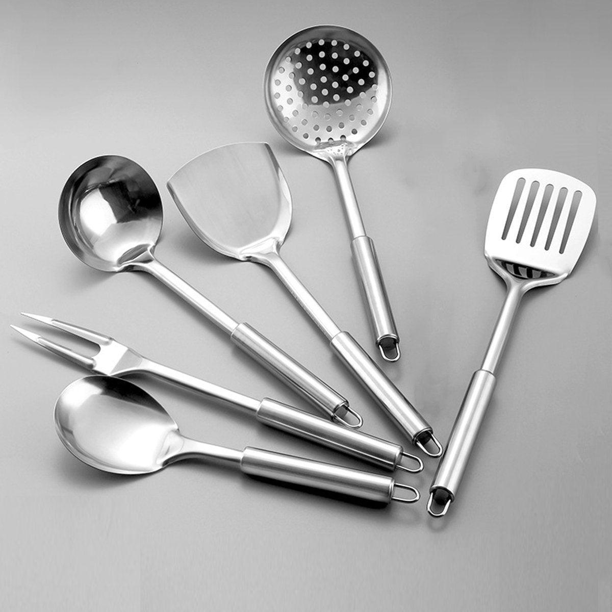 6PCS Stainless Steel Kitchen Utensil Set with Frying Spatula Colander and Spoon 4