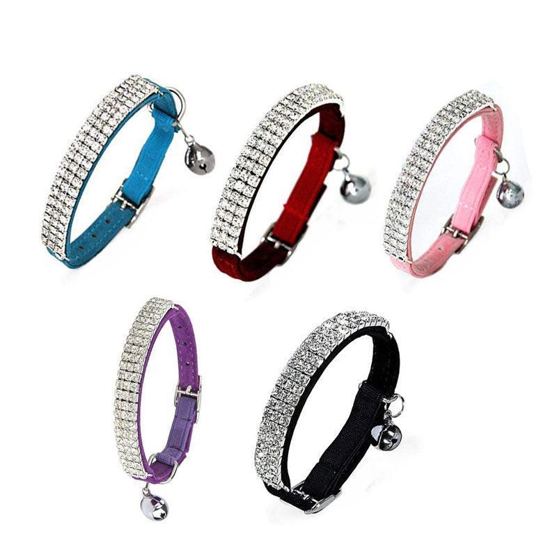 Suede Adjustable Pet Collar with Rhinestone for Cat Puppy 5 Colours Quick Release - Red