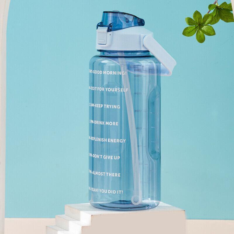 2L Water Bottle Straw Cup Motivational Drink Flask With Time Markings Sports Gym - Black 4