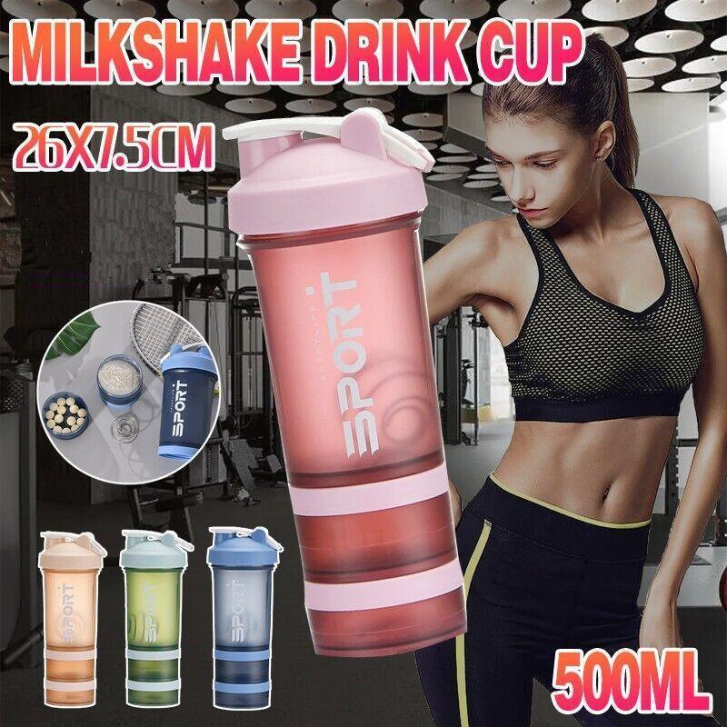 Powder Milkshake Drink Cup Sport Water Bottle 500Ml 3 Tier Protein Shaker Pill - Blue 9