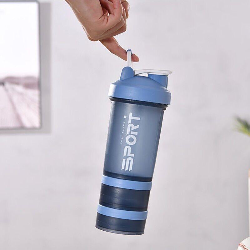 Powder Milkshake Drink Cup Sport Water Bottle 500Ml 3 Tier Protein Shaker Pill - Blue 3