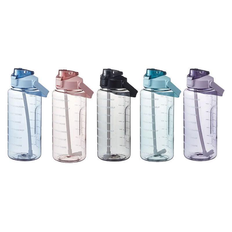 2L Water Bottle Straw Cup Motivational Drink Flask With Time Markings Sports Gym - Green