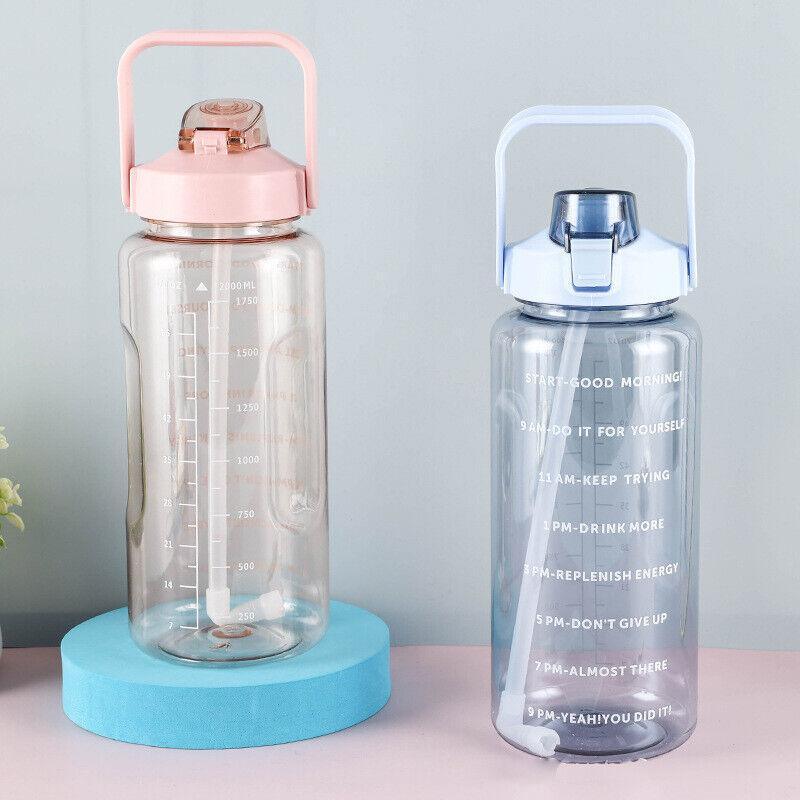 2L Water Bottle Straw Cup Motivational Drink Flask With Time Markings Sports Gym - Green 3