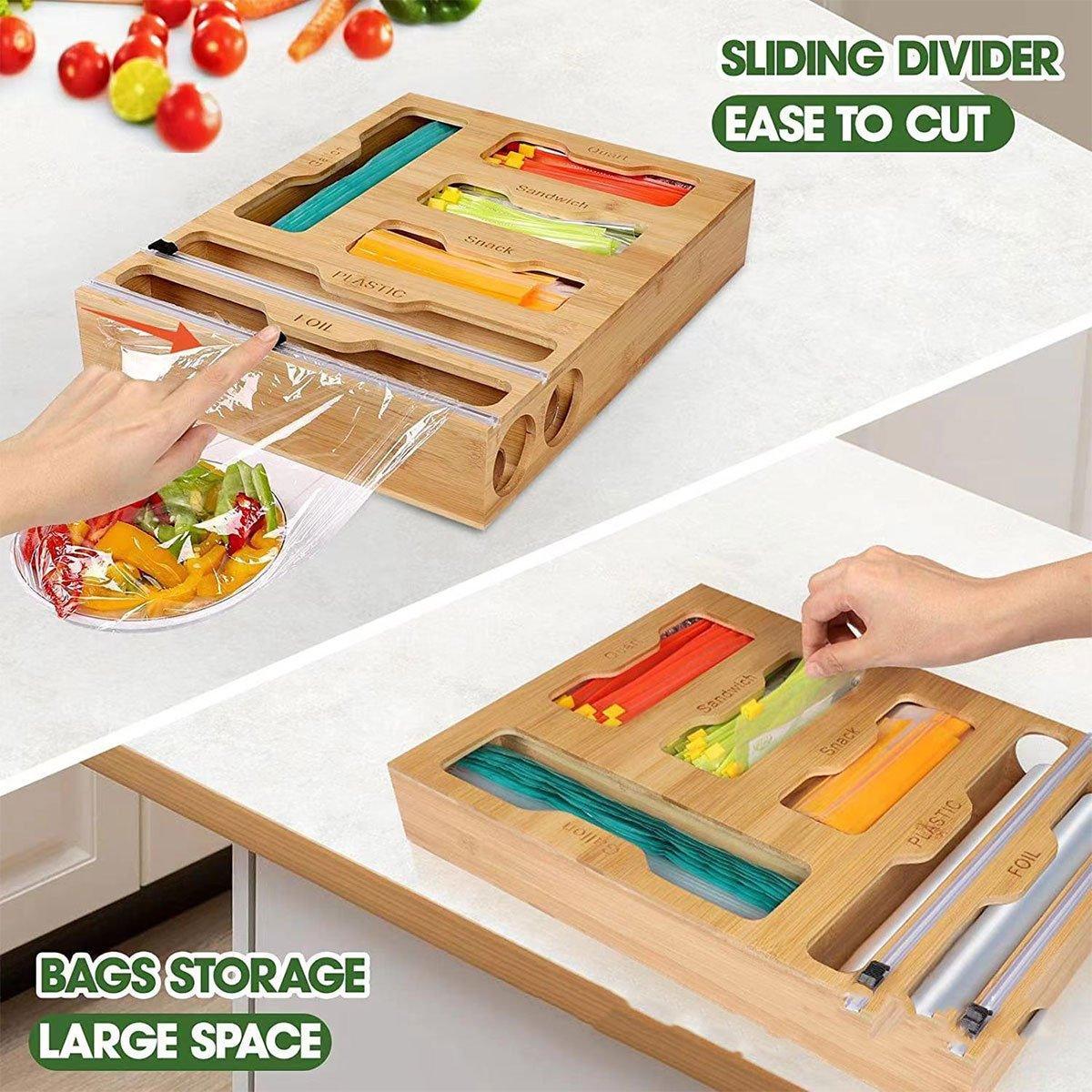 Bamboo Kitchen Storage Box for Plastic Wrap Tin Foil Paper Cutter with Lid 4