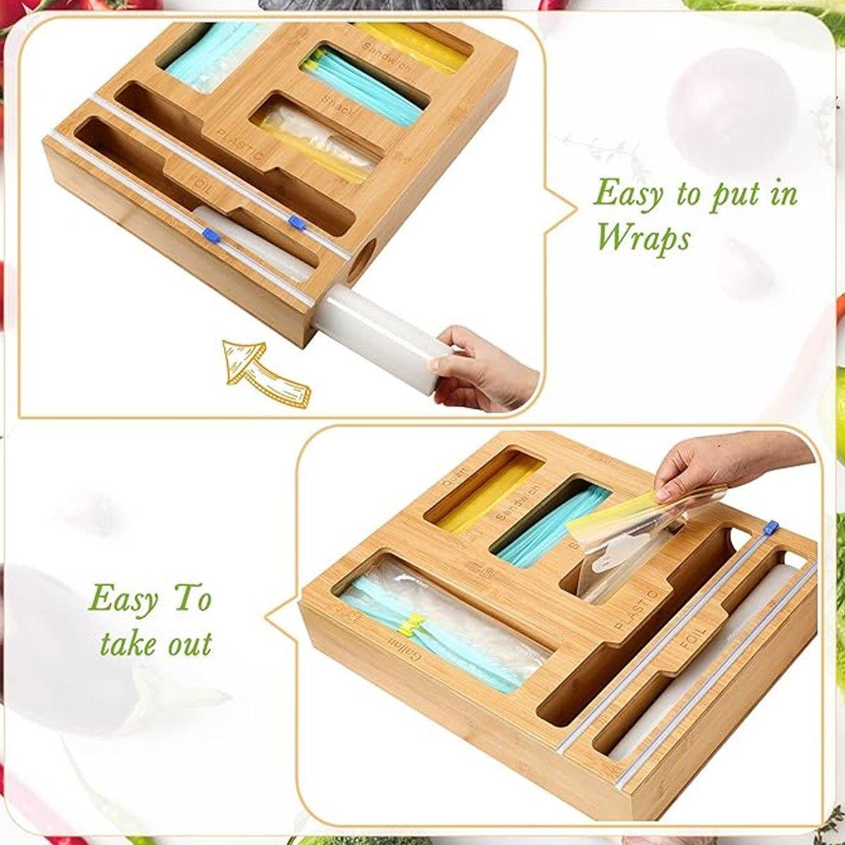 Bamboo Kitchen Storage Box for Plastic Wrap Tin Foil Paper Cutter with Lid 5
